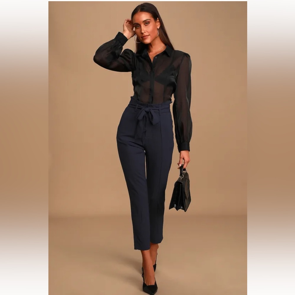 Lulus Set Your Goals Navy Blue Paper Bag Waist Pants